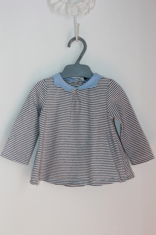 Tweedehands katoenen blauw en wit gestreepte longsleeve met kraagje in maat 68 voor een baby meisje van cyrillus