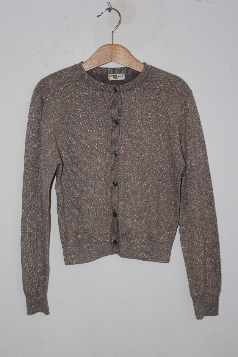 tweedehands bruin vest met gouden glitter van cyrillus in maat 128