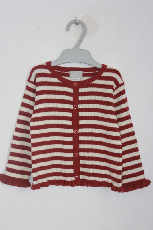 tweedehands bordeaux en wit gestreept vest in maat 74 voor een baby meisje van cyrillus 