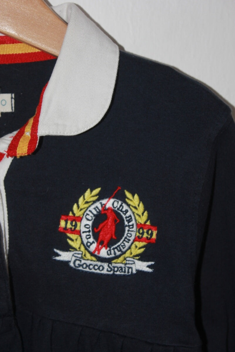 tweedehands katoenen donkerblauwe gocco polo jurk met lange mouwen in maat 7-8 jaar