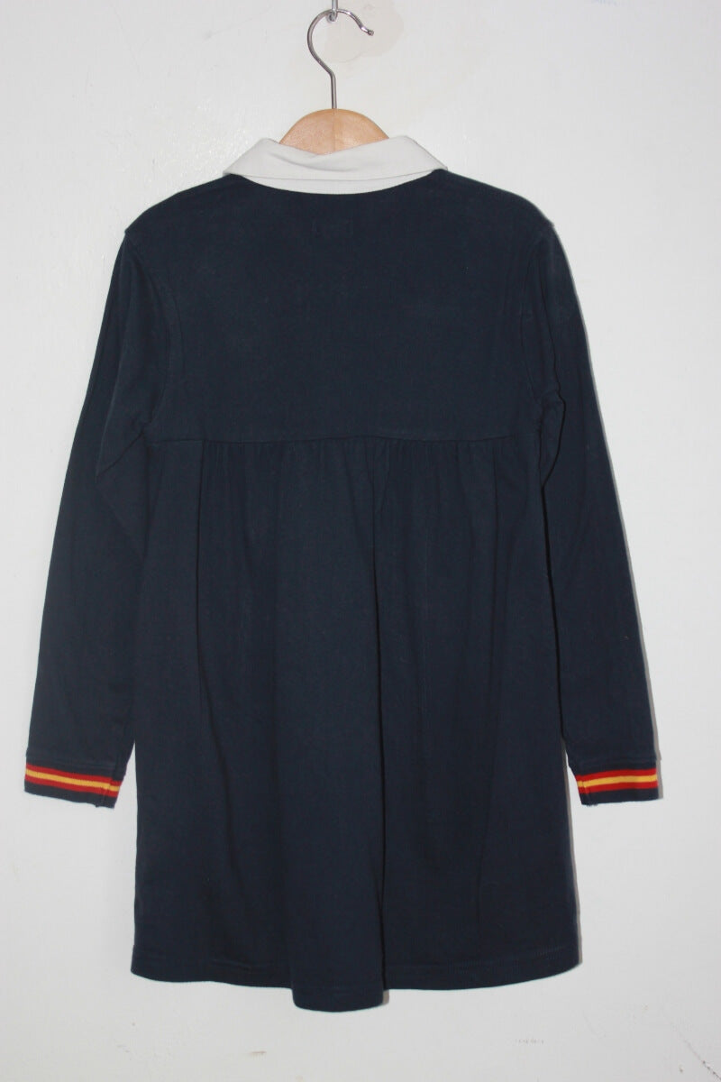 tweedehands katoenen donkerblauwe gocco polo jurk met lange mouwen in maat 7-8 jaar