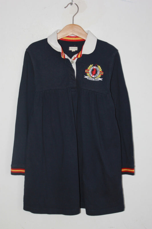 tweedehands katoenen donkerblauwe gocco polo jurk met lange mouwen in maat 7-8 jaar