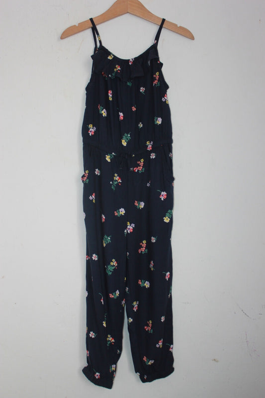 tweedehands donkerblauwe zomerse mouwloze jumpsuit met bloemenprint in multicolour van H&M in maat 104 voor een meisje
