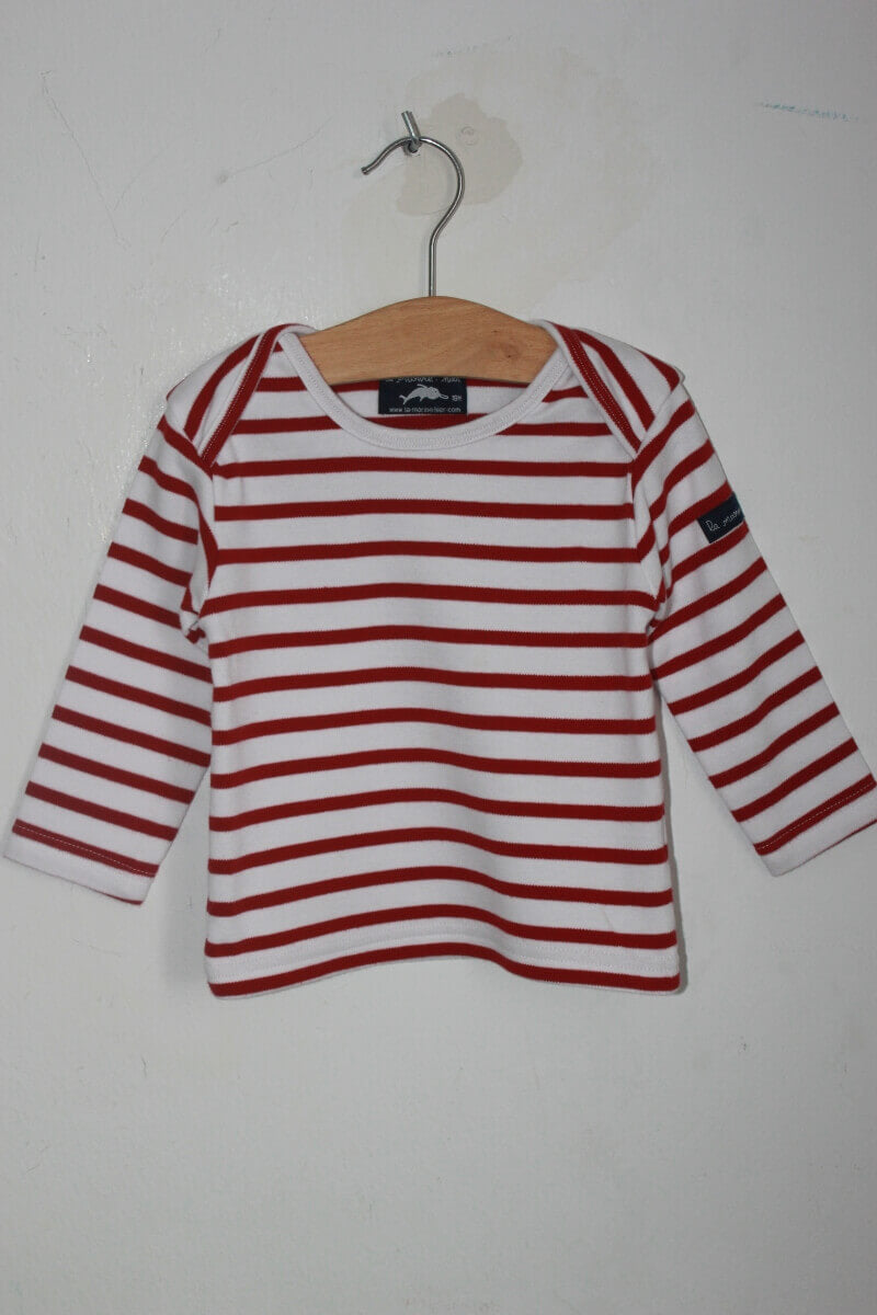 tweedehands unisex katoenen rood en wit gestreepte longsleeve in maat 80 van la marine . hier