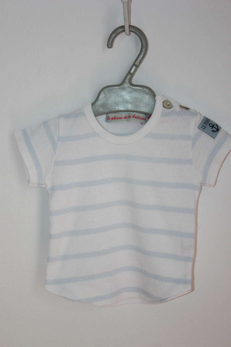 tweedehands katoenen wit met lichtblauw gestreept t-shirt met korte mouwen maat 50 voor een baby jongen van le phare de la baleine