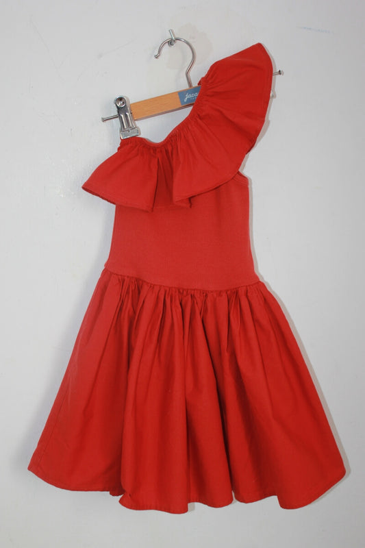 tweedehands katoenen zomerse rode jurk met volant in maat 92-98 van molo