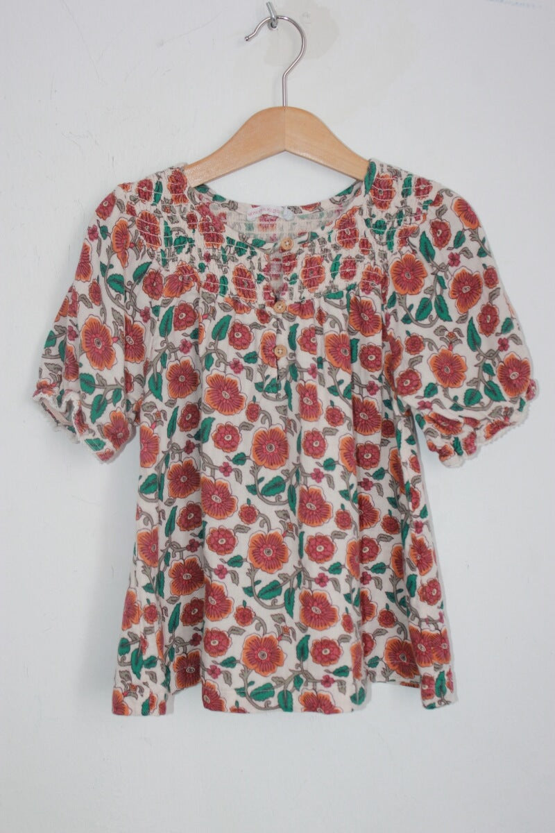 tweedehands katoenen gebloemde blouse met korte mouwen in maat 128 voor een meisje van monoprix
