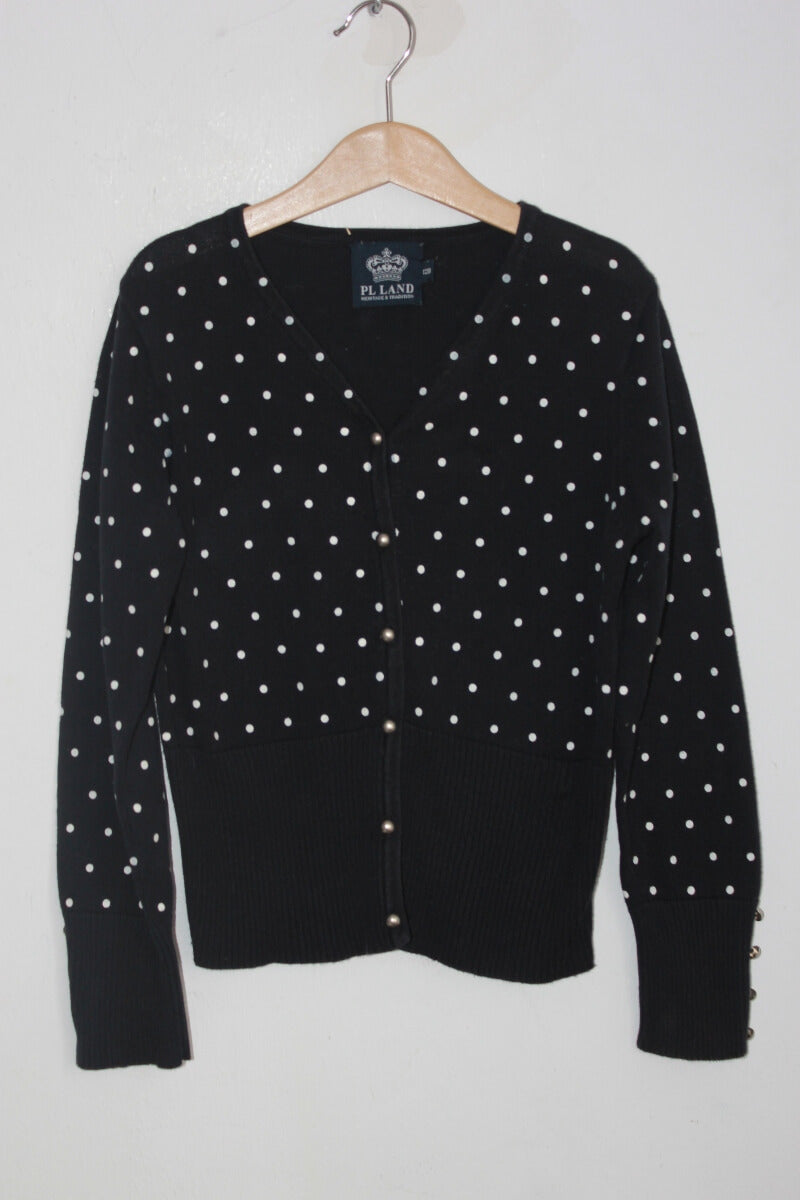 tweedehands katoenen zwart vest met witte stippen in maat 128 voor een meisje van pl land