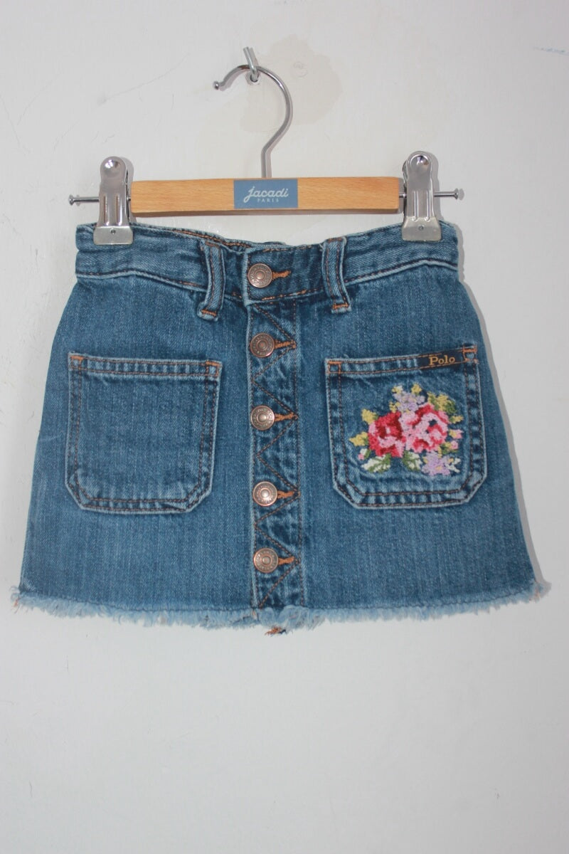 tweedehands katoenen denim rokje met geborduurde bloemen in maat 104 van ralph lauren