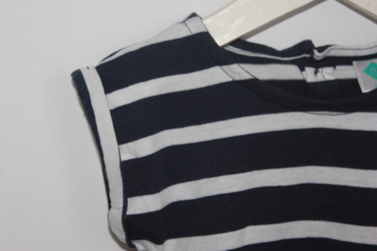 donkerblauw en wit gestreepte zomerse jurk met korte mouwen van tex in maat 74