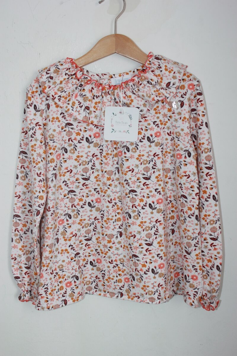 tweedehands gebloemde blouse in multicolour met lange mouwen en een volant, maat 128 voor een meisje van Tris Tras