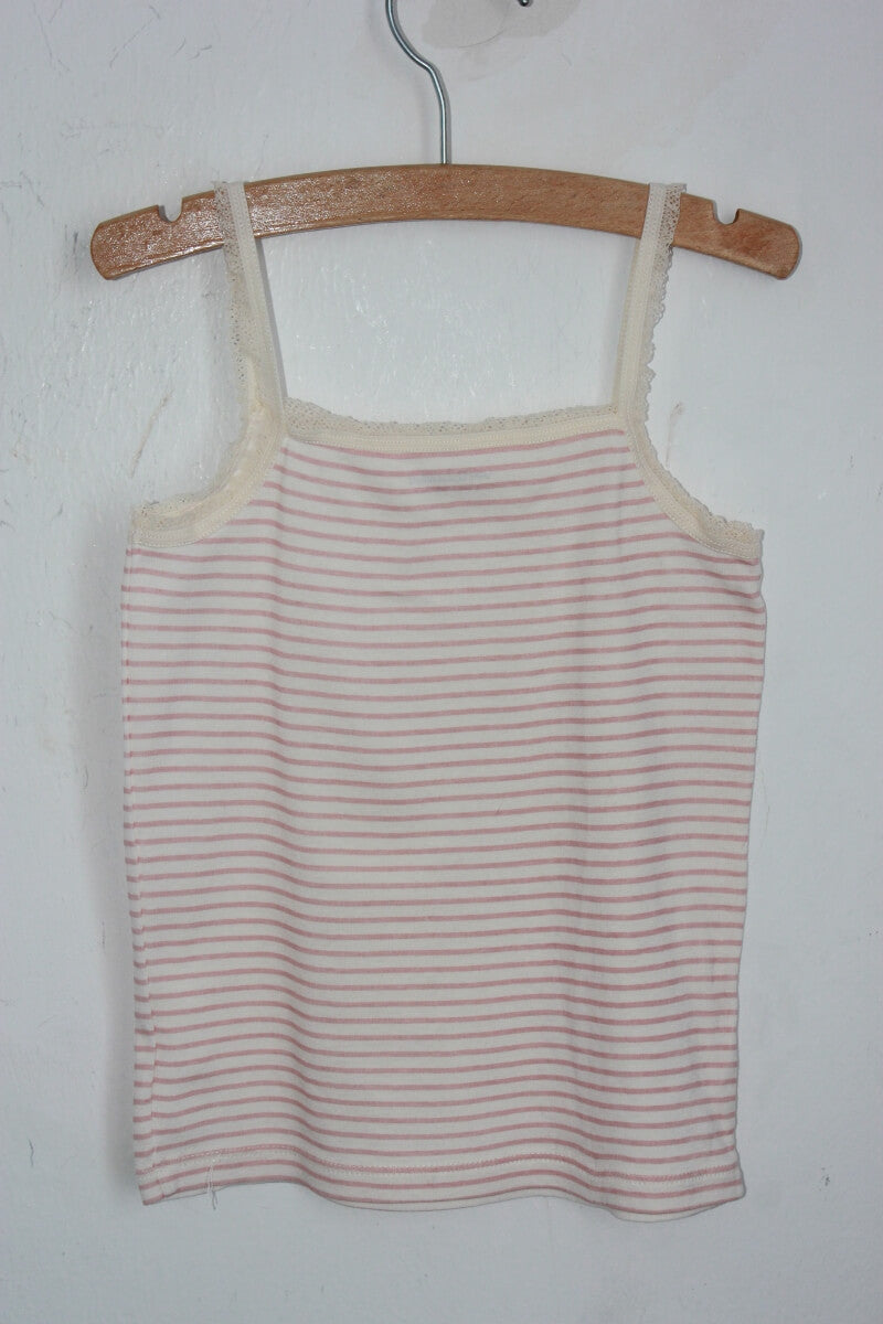 tweedehands roze met creme gestreept shirtje met schouderbandjes in maat 104 van vert baudet