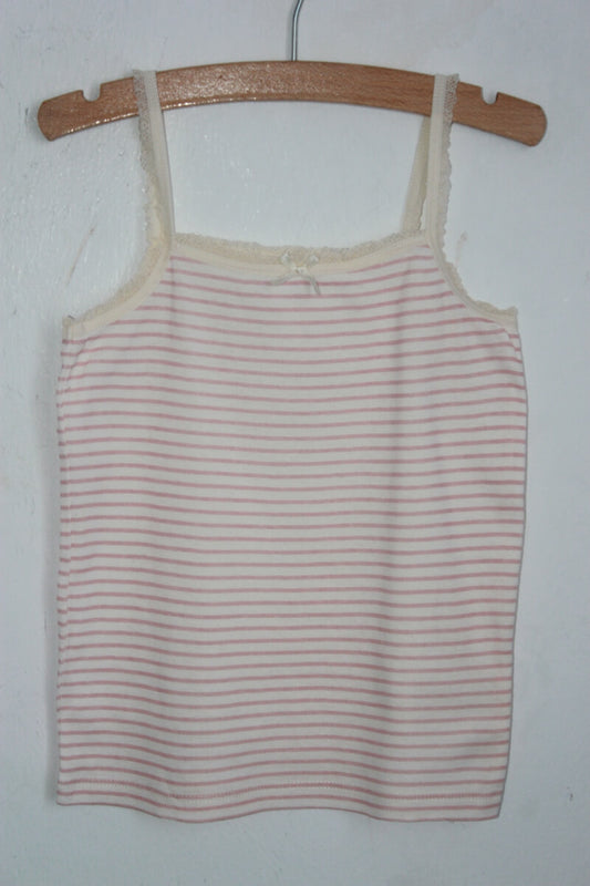 tweedehands roze met creme gestreept shirtje met schouderbandjes in maat 104 van vert baudet