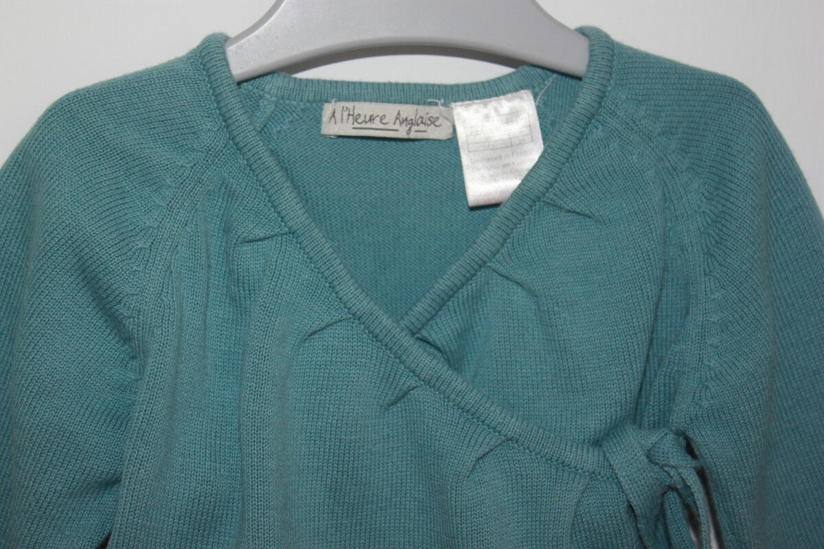 preloved katoenen blauwgroen wikkelvestje van a l´heure anglaise in maat 62  voor een baby meisje