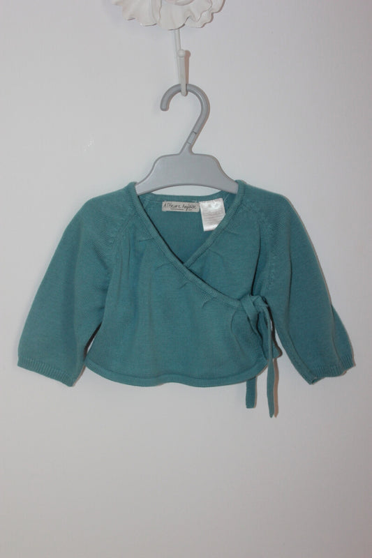 preloved katoenen blauwgroen wikkelvestje van a l´heure anglaise in maat 62  voor een baby meisje