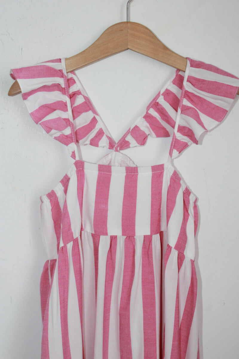 tweedehands zomerse katoenen roze met wit gestreepte zomerse jurk in maat 122 van zara