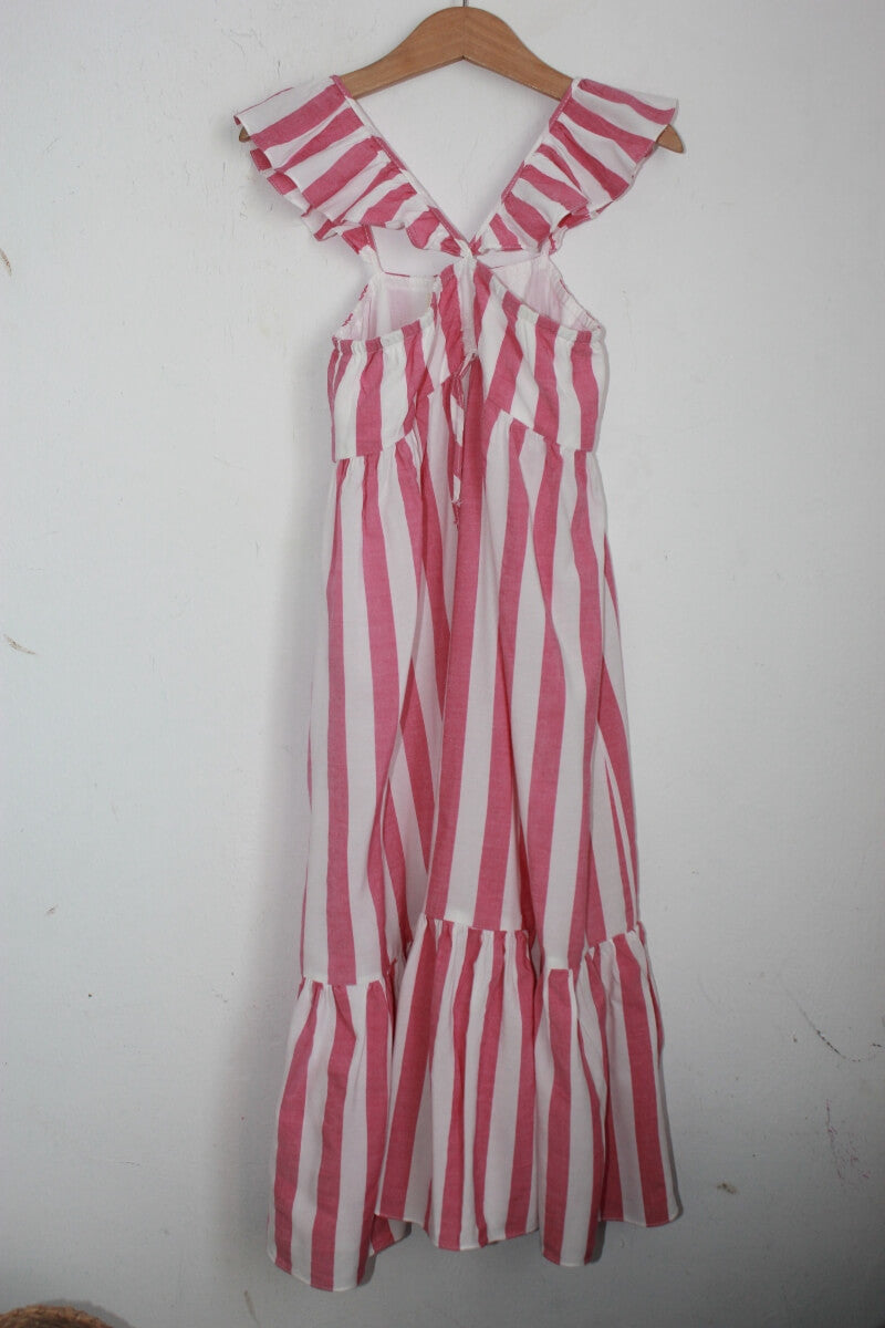 tweedehands zomerse katoenen roze met wit gestreepte zomerse jurk in maat 122 van zara