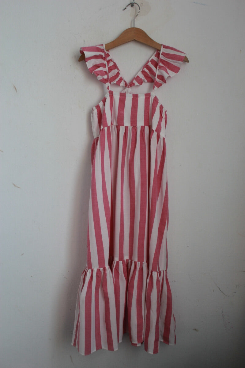 tweedehands zomerse katoenen roze met wit gestreepte zomerse jurk in maat 122 van zara