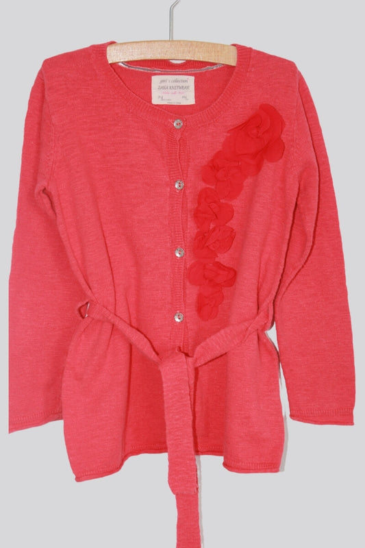 tweedehands katoenen rood vest met opgenaaide bloemen en ceintuur in maat 104 van zara