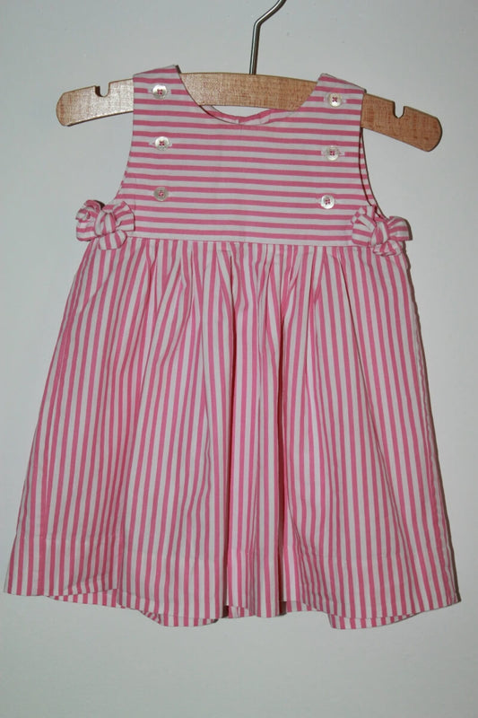 tweedehands katoenen zomerse mouwloze roze met wit gestreepte jurk van jacadi in maat 62