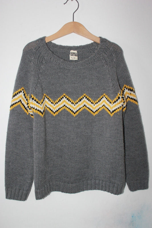 tweedehands unisex wollen warme grijze trui (met geel, ecru en zwart) van bonton maat 122-128