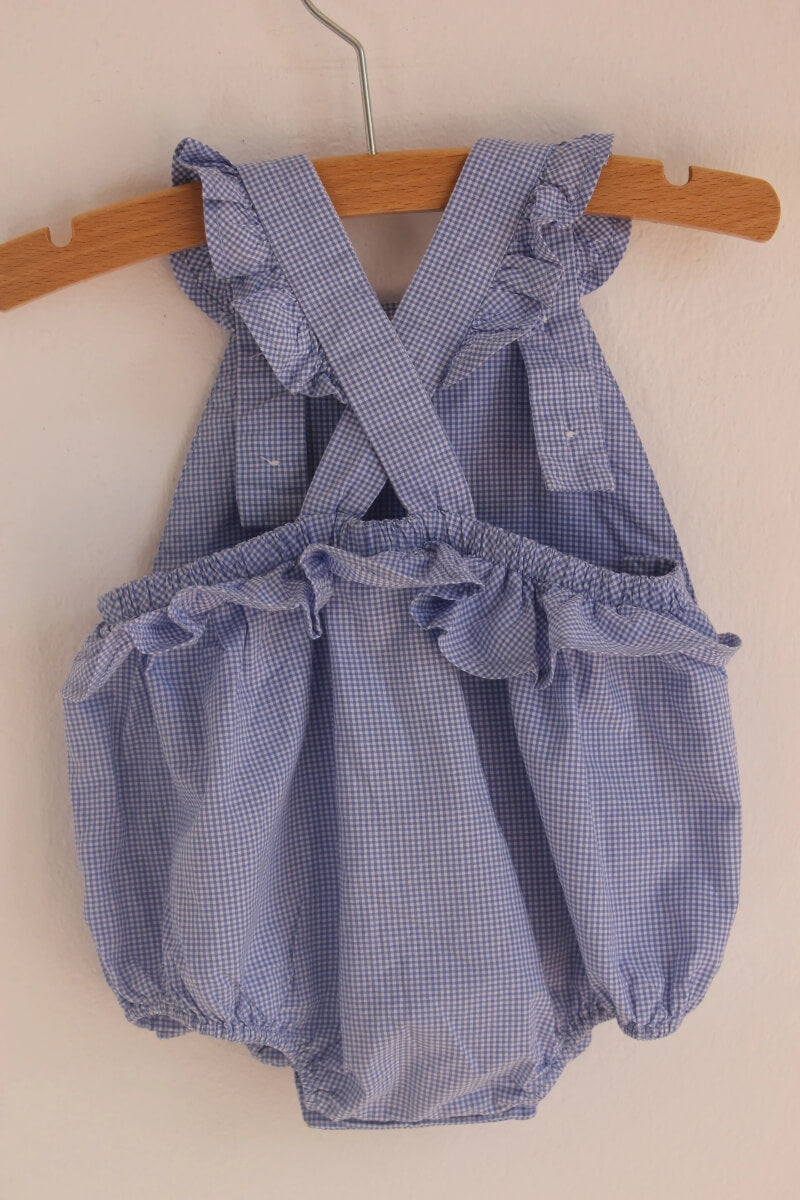 tweedehands katoenen blauw met wit geruite zomerse korte playsuit van jacadi in maat 56 voor een baby meisje