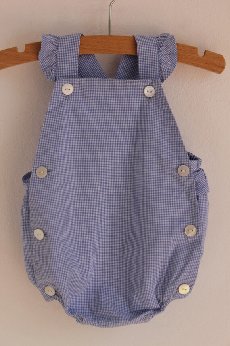 tweedehands katoenen blauw met wit geruite zomerse korte playsuit van jacadi in maat 56 voor een baby meisje