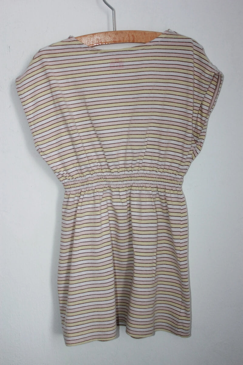 tweedehands zomerse gestreepte jurk in pasteltinten met glitter en korte mouwen van bonton in maat 98-104