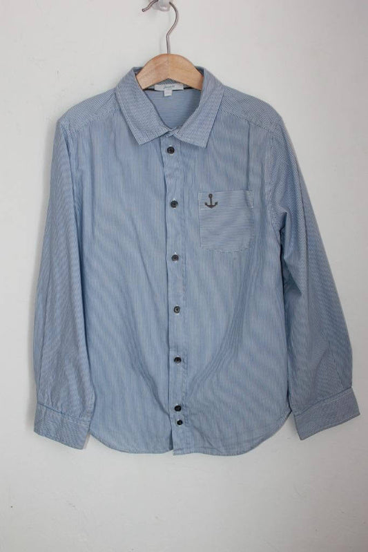 tweedehands katoenen blauw met wit gestreept overhemd met lange mouwen van jacadi in maat 140 voor een jongen