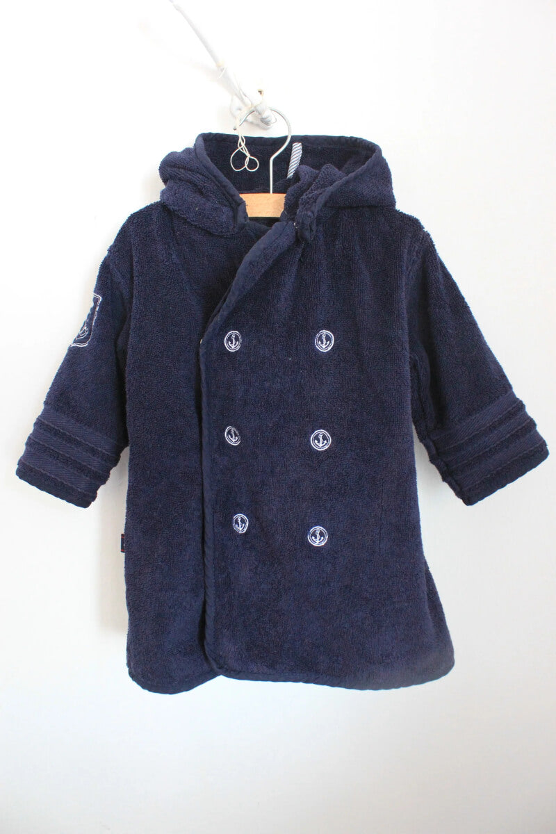 tweedehands katoenen donkerblauwe badjas met capuchon van jacadi in maat 80 voor een baby jongen
