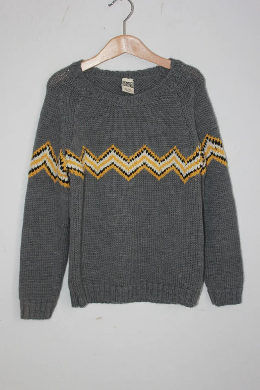 tweedehands unisex wollen grijze warme trui (met geel, ecru en zwart) van bonton in maat 110-116