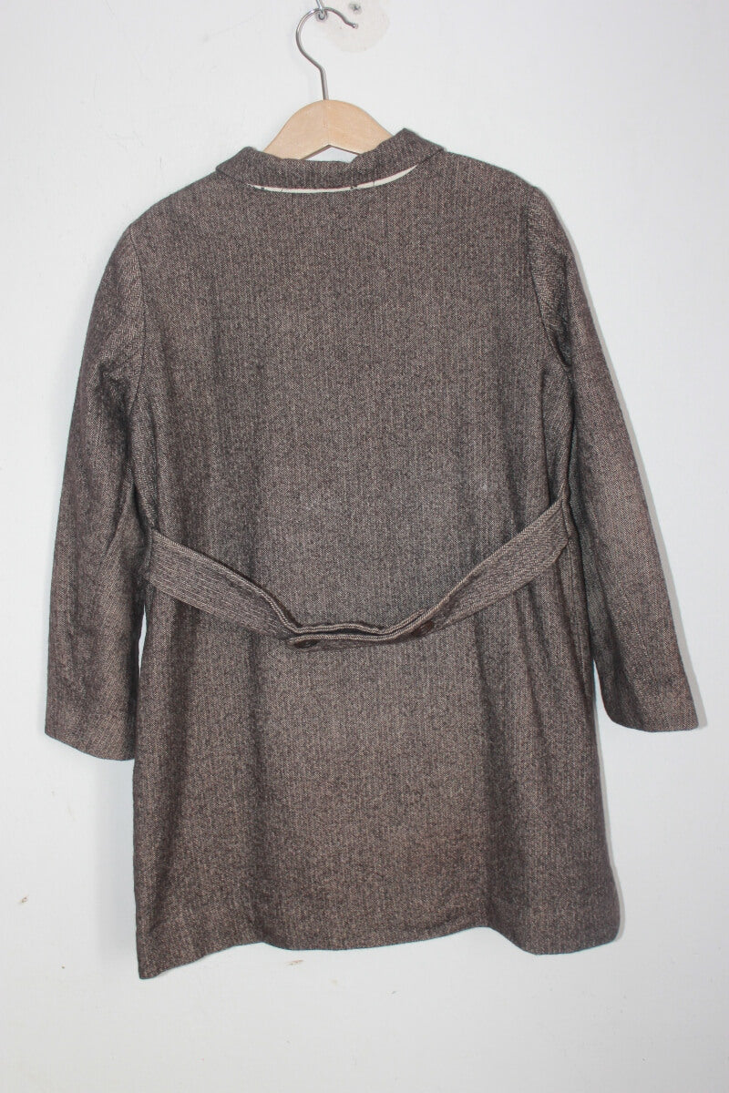 tweedehands bruingrijs en ecru gemeleerde jas van bonpoint in maat 122-128 voor een meisje