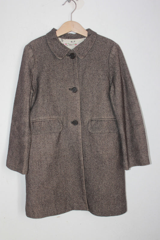 tweedehands bruingrijs en ecru gemeleerde jas van bonpoint in maat 122-128 voor een meisje