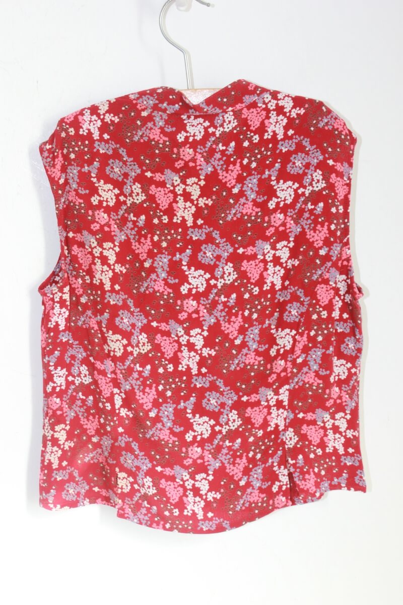 tweedehands-donkerrode-gebloemde-mouwloze-blouse-maat-128-meisje-cacharel
