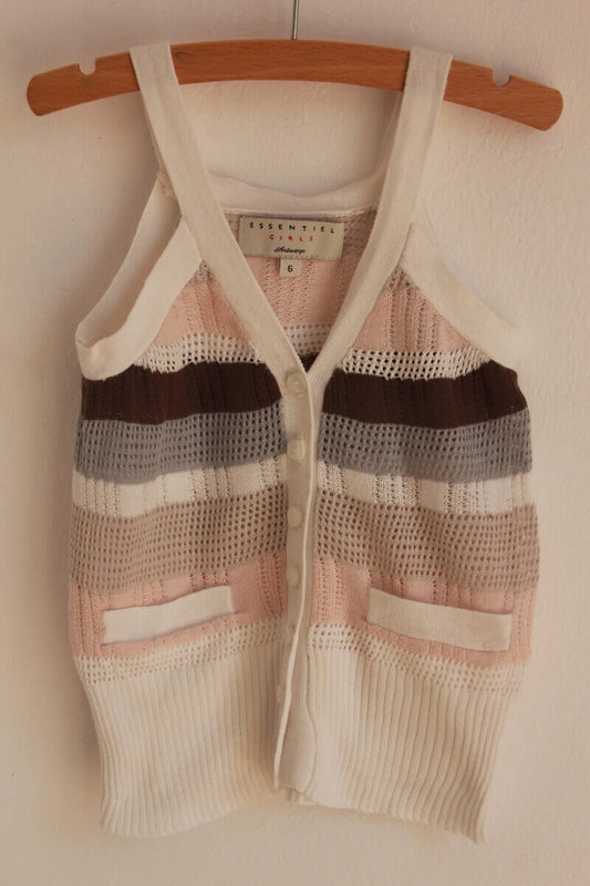 tweedehands-gebreid-gestreept-multicolour-mouwloos-topje-maat-116-meisje-essentiel-antwerp