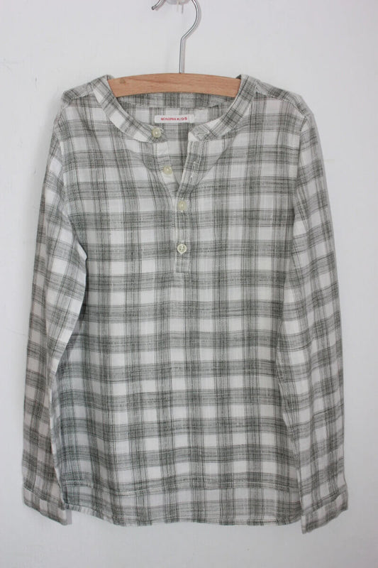 tweedehands-zomers-creme-grijsgroen-geruit-overhemd-mao-kraagje-lange-mouwen-maat-122-jongen-monoprix