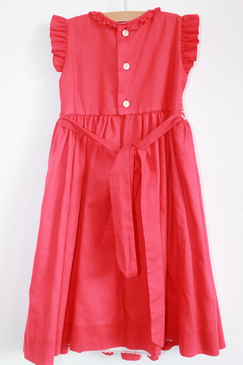 rood-beige-wit-gesmokte-mouwloze-feestelijke-jurk-maat-104-niseret