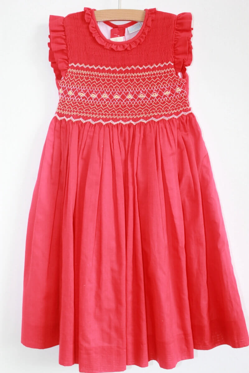 rood-beige-wit-gesmokte-mouwloze-feestelijke-jurk-maat-104-niseret