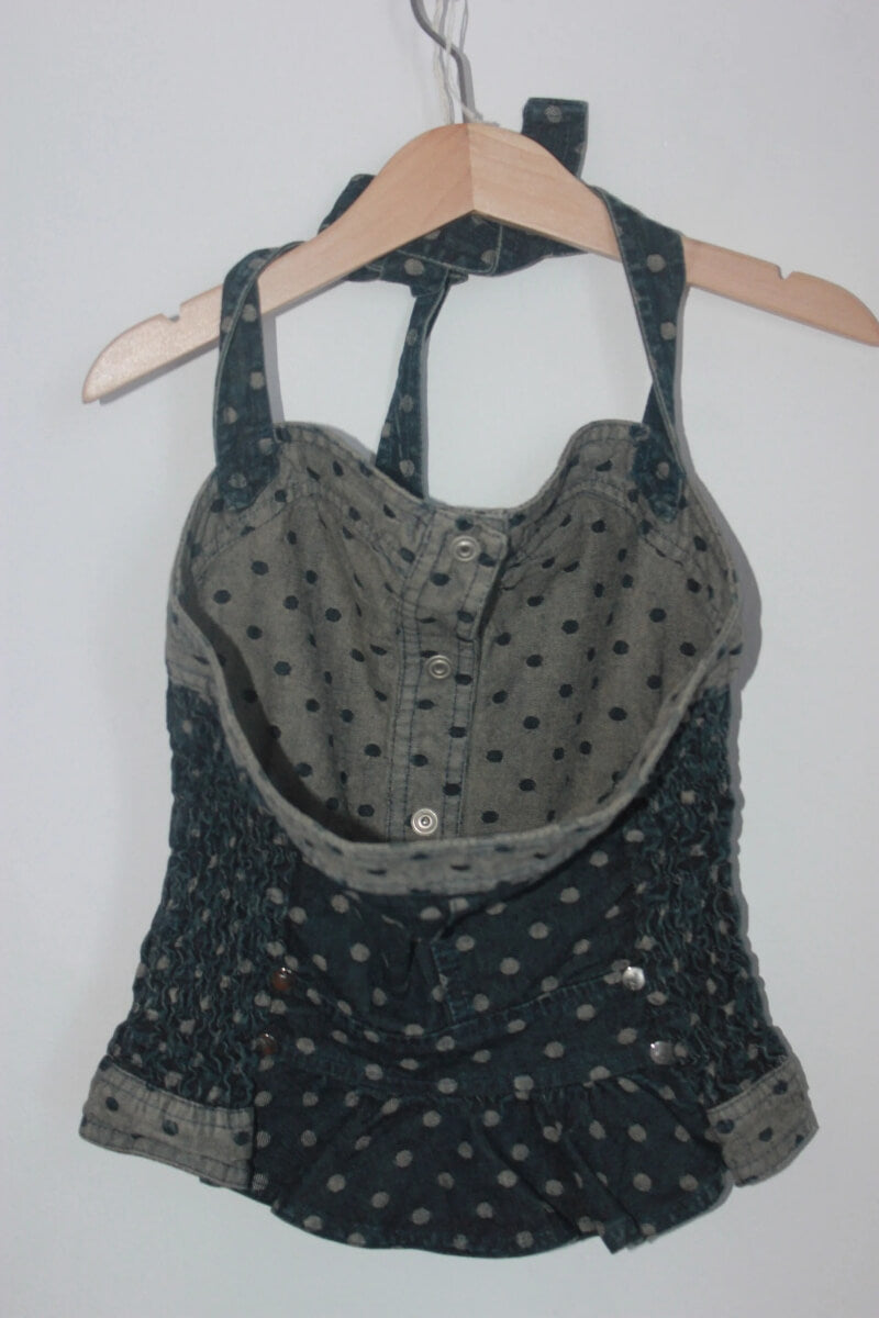 tweedehands-blauwe-denim-top-stippen-maat-134-simonetta