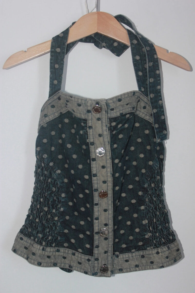 tweedehands-blauwe-denim-top-stippen-maat-134-simonetta